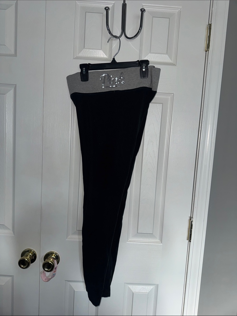 PINK Victoria's Secret Black Leggings with Gray Waistband and Silver Logo
